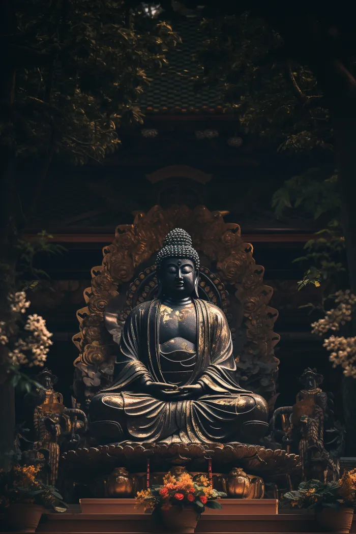Dark bronze Buddha statue sitting in lotus posture with gold highlights in a serene temple setting. | PrintPosters.in